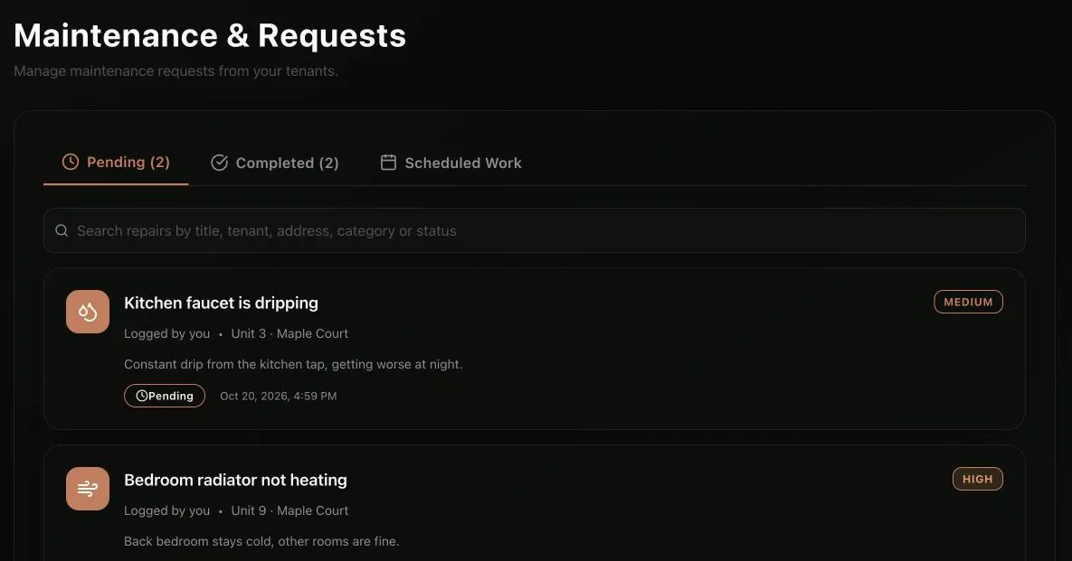 Maintenance requests with priority and status